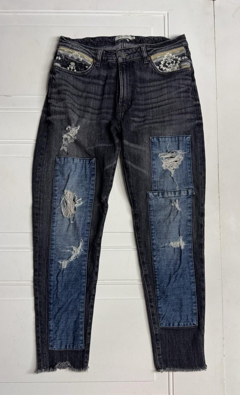 MM Vintage Jeans Womens 28 Black Blue Patchwork Embroidered Boyfriend Aztec